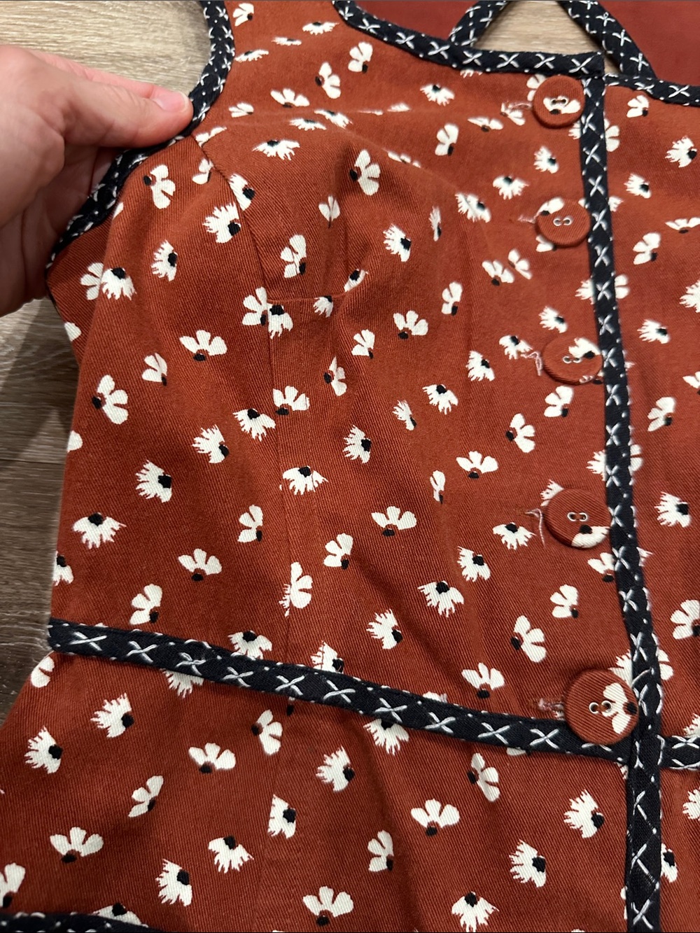 Anthropologie Rust Midi Dress with White Floral Print and Black Trim - Picture 4 of 16